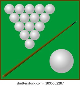 Billiard ball and cue on the playing table. Billiard pocket for a sphere. Balls in a pyramid. Break the pyramid. Game club. Sports tournament. Tournament emblem Template for text. Poster. Vector.