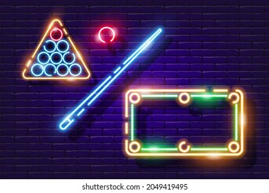 Billiard ball, cue and table neon icon. Vector illustration for design. Sports concept. Signboard for pool club.