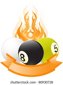 Billiard ball emblem  in flame with ribbon