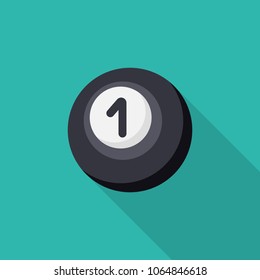 Billiard ball flat icon with long shadow isolated on blue background. Simple billiard ball in flat style, vector illustration for web and mobile design. Sport equipment elements vector sign symbol.