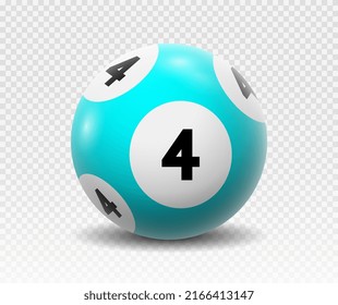 Billiard ball. Gambling, graphic element. Blue ball with number four. Realistic isometric vector illustration isolated on copy space background