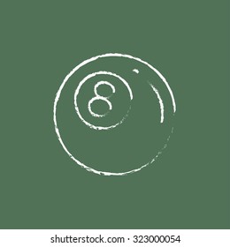 Billiard ball hand drawn in chalk on a blackboard vector white icon isolated on a green background.