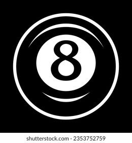 Billiard ball icon, black color with the number eight. 8. Pool game. Snooker.