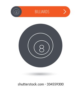 Billiard ball icon. Pool or snooker equipment sign. Cue sports symbol. Gray flat circle button. Orange button with arrow.