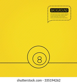 Billiard ball icon. Pool or snooker equipment sign. Cue sports symbol. Speech bubble of dotted line. Orange background.