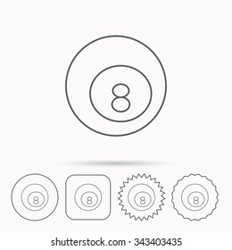 Billiard ball icon. Pool or snooker equipment sign. Cue sports symbol. Linear circle, square and star buttons with icons.