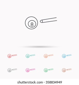Billiard ball icon. Pool or snooker equipment sign. Cue sports symbol. Linear icons on white background.