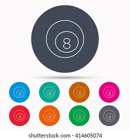 Billiard ball icon. Pool or snooker equipment sign. Cue sports symbol. Icons in colour circle buttons. Vector