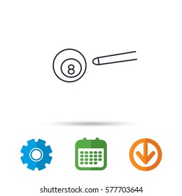 Billiard ball icon. Pool or snooker equipment sign. Cue sports symbol. Calendar, cogwheel and download arrow signs. Colored flat web icons. Vector