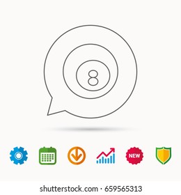 Billiard ball icon. Pool or snooker equipment sign. Cue sports symbol. Calendar, Graph chart and Cogwheel signs. Download and Shield web icons. Vector