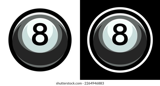 Billiard ball logo, black color with the number eight. 8. Pool game. Snooker.