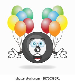 Billiard ball mascot character holding a balloon. vector illustration