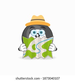 The Billiard ball mascot character holds a map. vector illustration