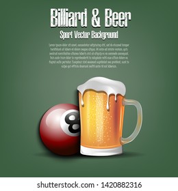 Billiard ball with mug of beer. Pattern for banner, poster, greeting card, party invitation, signboard, menu pub. Vector illustration