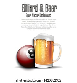 Billiard ball with mug of beer. Pattern for banner, poster, greeting card, party invitation, signboard, menu pub. Vector illustration