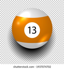 Billiard ball number 13. Orange and white color. Isolated wind object on transparent background