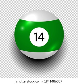 billiard ball number 14. Green and white color. Isolated wind object on transparent background