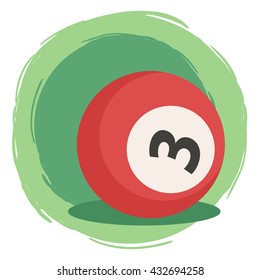 Billiard Ball Number 3 Red. Vector illustration of red billiards ball number three isolated on green white background. 