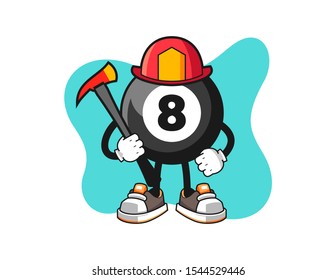 Billiard ball number 8 firefighter cartoon. Mascot Character vector.