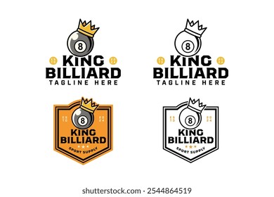 Bola de billar número 8 con diseño de logotipo de insignia de corona dorada para el deporte y la competencia de billar Bola de billar negra con corona King Colorido y línea de ilustración de estilo de arte Logotipo moderno Plantilla 