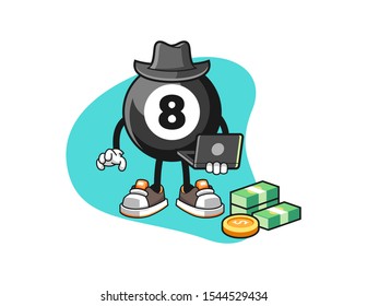 Billiard ball number 8 hacker cartoon. Mascot Character vector.
