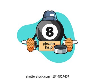 Billiard ball number 8 homeless cartoon. Mascot Character vector.