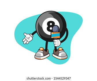 Billiard ball number 8 news reporters cartoon. Mascot Character vector.
