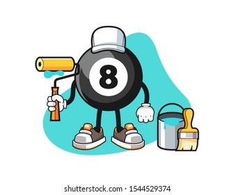 Billiard ball number 8 painter cartoon. Mascot Character vector.