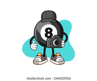 Billiard ball number 8 photographer cartoon. Mascot Character vector.