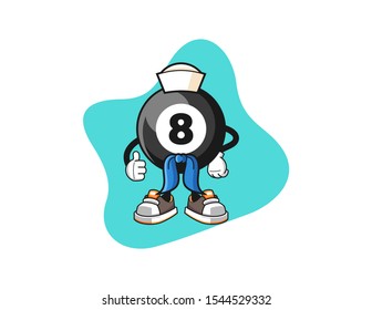 Billiard ball number 8 sailor man cartoon. Mascot Character vector.
