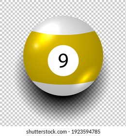 Billiard ball number 9. Yellow color. Isolated wind object on transparent background