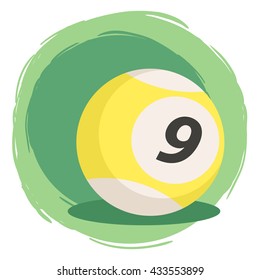 Billiard Ball Number 9 Yellow. Vector illustration of striped color yellow and white billiards ball number nine isolated on green white background.