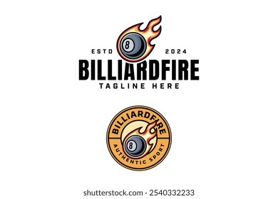 billiard ball number eight with fire meteor logo design. 8 billiard ball with flame comet badge logo design set. modern billiard ball illustration logo for billiard sport club and tournament