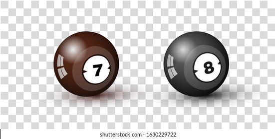 Billiard Ball Of Pool Or Snooker With Number Seven And Eight, Isolated On Transparent Bg. Colorful Symbol Modern, Simple, Icon For  UI, Mobile App, Website Design. Realistic Vector Illustrations Set
