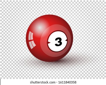 Billiard Ball Poster Design. Colored 3D Sphere Element With Number Three And Soft Shadow, Isolated On Transparent Backdrop. Background For Gambling Sport Games. Realistic Vector Illustration. EPS10.