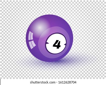 Billiard Ball Poster Design. Colored 3D Sphere Element With Number Four And Soft Shadow, Isolated On Transparent Backdrop. Background For Gambling Sport Games. Realistic Vector Illustration. EPS10.