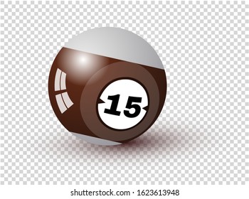 Billiard Ball Poster Design. Colored 3D Sphere Element With Number Fifteen And Soft Shadow, Isolated On Transparent Backdrop. Background For Gambling Sport Games. Realistic Vector Illustration. EPS10.