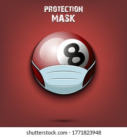 Billiard ball with a protection mask. Caution! wear protection mask. Risk disease. Cancellation of sports tournaments. Pattern design. Vector illustration