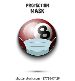 Balón de billar con máscara de protección. ¡Cuidado! usar máscara de protección. Enfermedad de riesgo. Cancelación de torneos deportivos. Diseño de patrones. Ilustración del vector