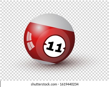 Billiard Ball With Shadow. Glossy Sphere With Number Eleven. Realistic Ball for snooker, pool game. Colorful Vector Illustration For Ad, Invitation. Sport Equipment Isolated On Transparent Background