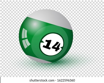 Billiard Ball With Shadow. Glossy Sphere With Number Fourteen. Realistic Ball for snooker or  pool. Colorful Vector Illustration For Ad, Invitation. Sport Equipment Isolated On Transparent Background