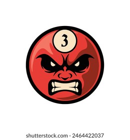 Billiard ball vector illustration with angry face. Angry pool ball. Ball number three