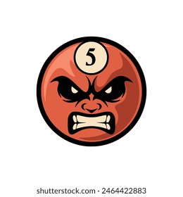 Billiard ball vector illustration with angry face. Angry pool ball. Ball number five