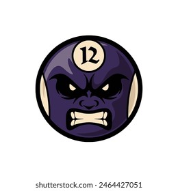 Billiard ball vector illustration with angry face. Angry pool ball. Ball number twelve