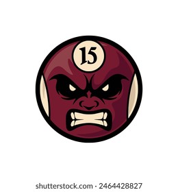 Billiard ball vector illustration with angry face. Angry pool ball. Ball number fifteen