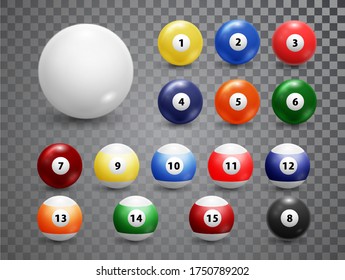 Billiard balls, american pool accessory set. Realistic balls on transparent background. Vector design elements.