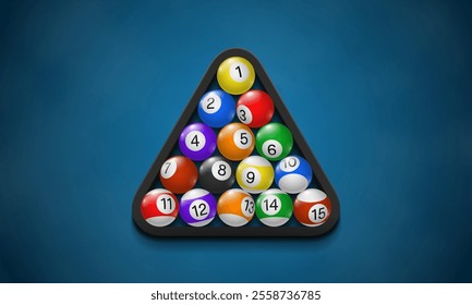 Billiard balls in black triangle rack. Pool balls with numbers top view. Vector illustration.