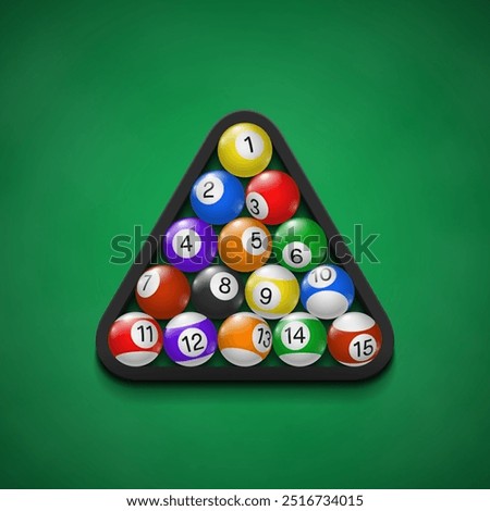 Billiard balls in black triangle rack. Pool balls with numbers top view. Vector illustration.