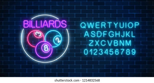 Billiard balls in circle frame in neon style with alphabet. Glowing neon signboard of pub with billiards on wall background. Night advertising symbol of taproom with pool game. Vector illustration.