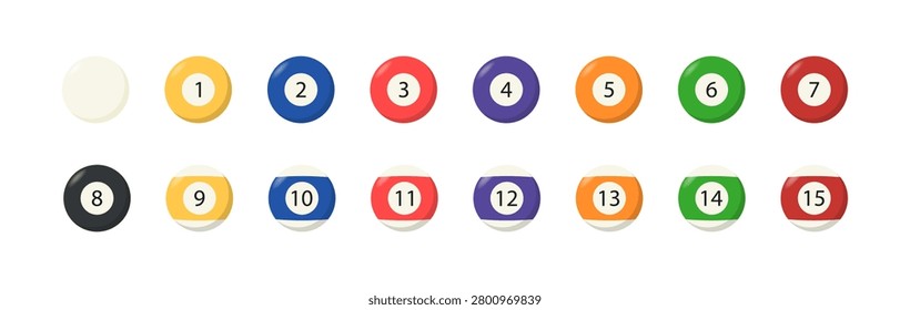 Billiard Balls Collection. A set of numbered billiard balls including the cue ball and the eight ball, displayed on a white background. Vector